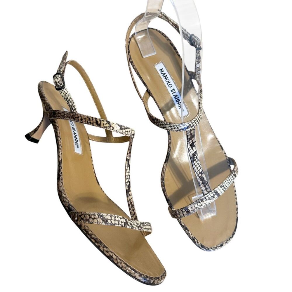 Manolo Blahnik Vintage Brown Leather Snakeskin Strappy Low Heel Sandals 39